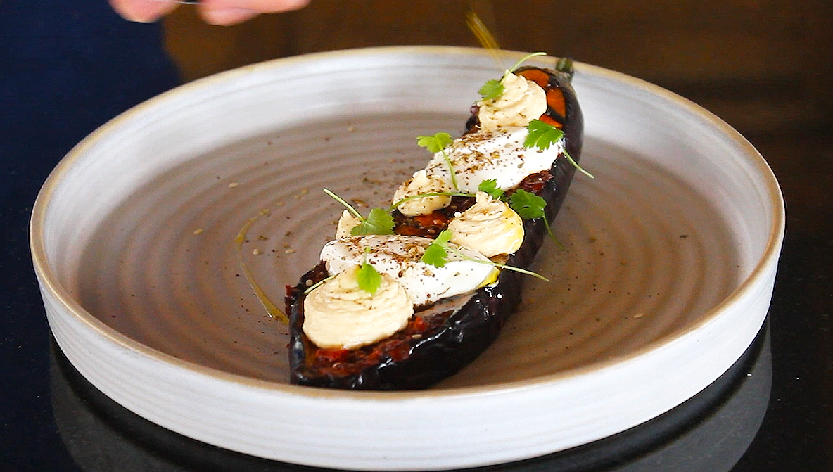 Spiced Aubergine With Yoghurt, Hummus and Za’atar