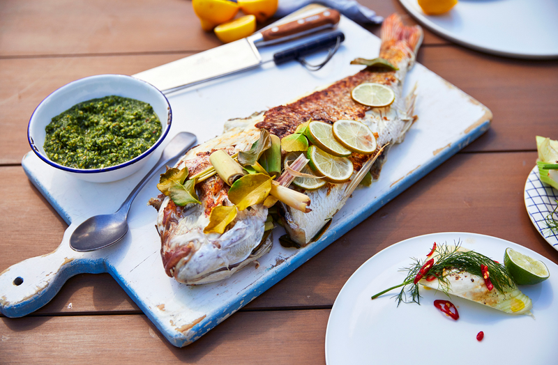Whole grilled Pink Snapper, fragrant herbs, lime and spiced cashew pesto